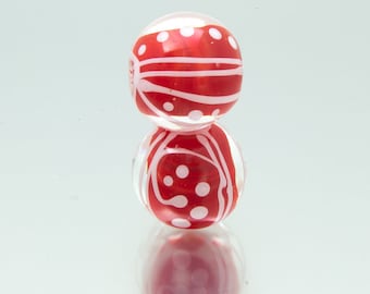 Lampwork glass beads, earring pair. Keep Breathing in red and white, by Jennie Yip