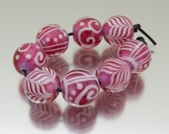 Lampwork bead set: Keep Breathing in hot pink and white. Lampwork by Jennie Yip