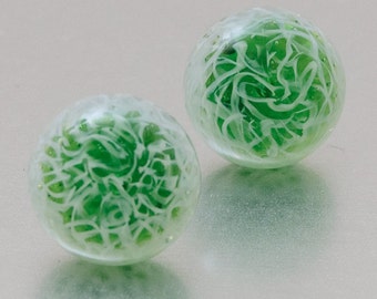 Stud earrings - Lace in green and white. Llampwork glass and sterling silver, by Jennie Yip