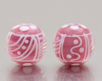 Lampwork glass beads, earring pair. Keep Breathing in pearl pink and white, by Jennie Yip