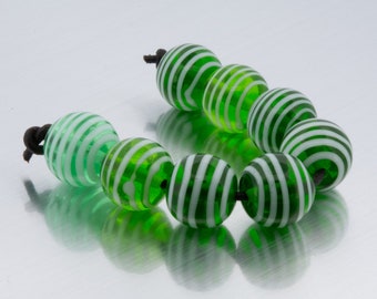 Lampwork glass bead set: LInes in green and white. Lampwork by Jennie Yip