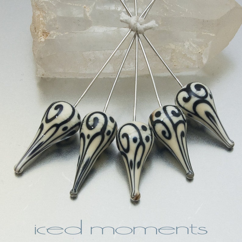 Glass Headpins Helix teardrops in ivory and black on sterling silver wire. Lampwork by Jennie Yip image 2