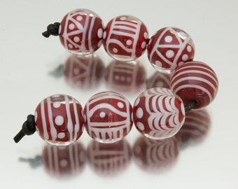 Lampwork bead set: Keep Breathing in red and white. Lampwork by Jennie Yip