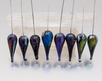 Lampwork headpin set: Carnival teardrops in assorted colours on sterling silver wire. Lampwork by Jennie Yip