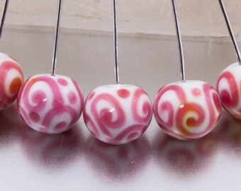 Lampwork headpins - white and pink helix rounds. Lampwork by Jennie Yip