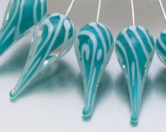 Glass Headpins - Preoccupation teardrops in green teal and white on sterling silver wire. Lampwork by Jennie Yip