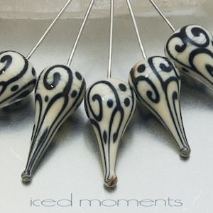 Glass Headpins Helix teardrops in ivory and black on sterling silver wire. Lampwork by Jennie Yip image 1