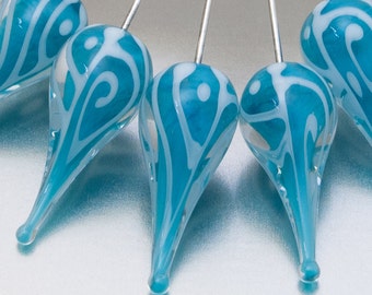 Glass Headpins - Preoccupation teardrops in blue teal and white on sterling silver wire. Lampwork by Jennie Yip