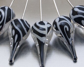 Glass Headpins - Preoccupation teardrops in black and white on sterling silver wire. Lampwork by Jennie Yip