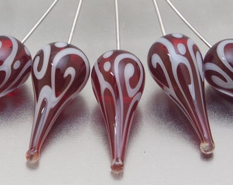 Lampwork headpins - Helix teardrops in transparent red and white on sterling silver wire. Lampwork  by Jennie Yip