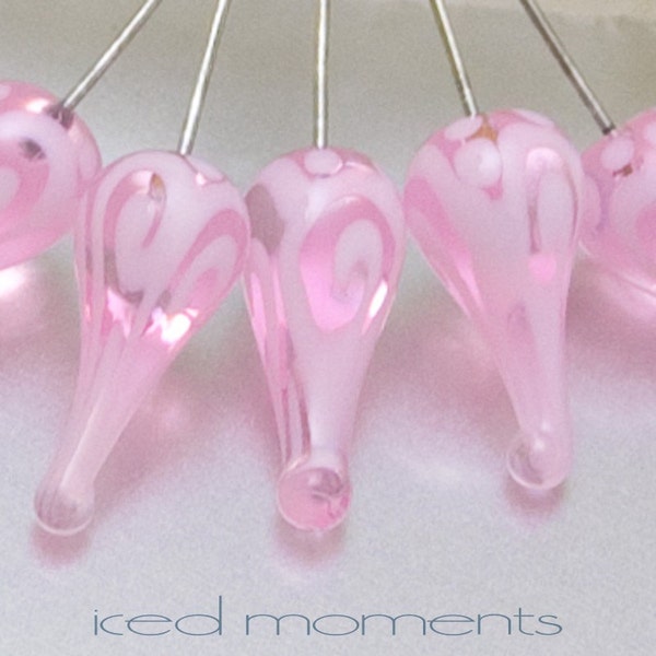 Glass headpins - Helix teardrops in pink and white on sterling silver wire. Lampwork art by Jennie Yip