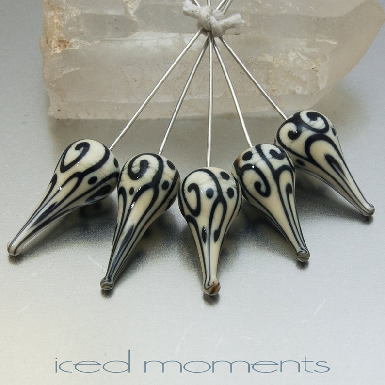 Glass Headpins Helix teardrops in ivory and black on sterling silver wire. Lampwork by Jennie Yip image 4