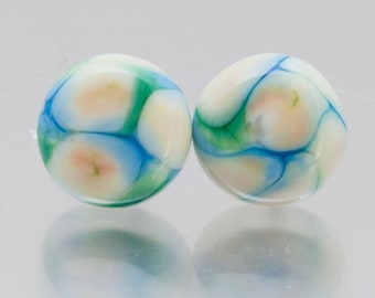 Stud earrings - River in opal yellow and turquoise. Lampwork glass and sterling silver, by Jennie Yip