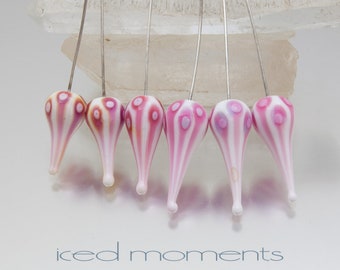 Lampwork headpin set: Walking Dot in white and pink