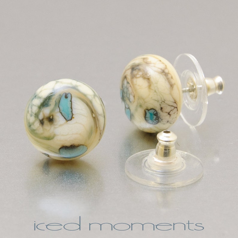 Silvered Pebbles in ivory and copper green Lampwork glass and sterling silver by Jennie Yip Stud earrings