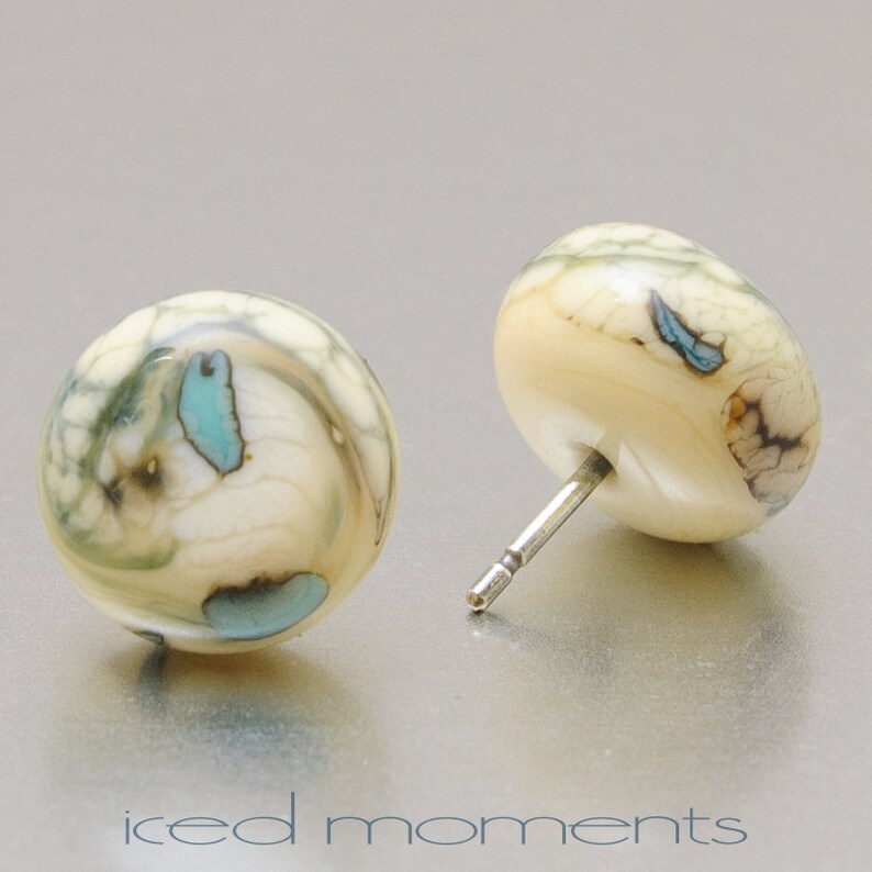 Silvered Pebbles in ivory and copper green Lampwork glass and sterling silver by Jennie Yip Stud earrings