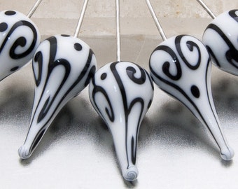 Glass Headpins - helix teardrops (1) - white and black on sterling - lampwork by Jennie Yip