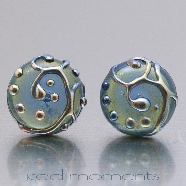 Stud earrings - Line Art in Halong Bay and silver. Lampwork glass and sterling silver, by Jennie Yip