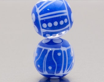 Lampwork Bead Pair - Keep Breathing in cobalt and white - lampwork by Jennie Yip