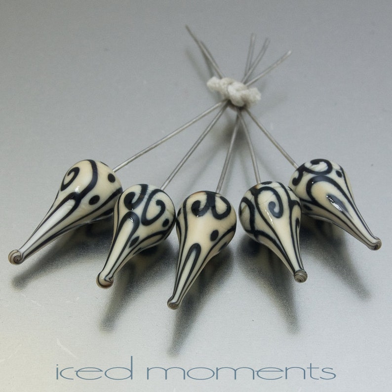 Glass Headpins Helix teardrops in ivory and black on sterling silver wire. Lampwork by Jennie Yip image 3