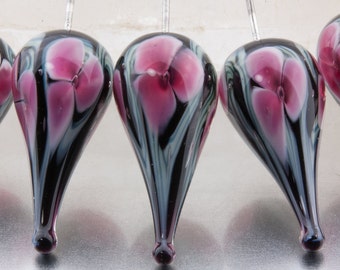 Lampwork Glass Headpins: "Bloom" teardrop, in pink on black, with sterling silver wire - by Jennie Yip