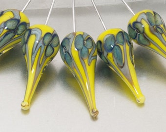 Lampwork Glass Headpins: "Bloom" teardrop, in blue on yellow, with sterling silver wire - by Jennie Yip