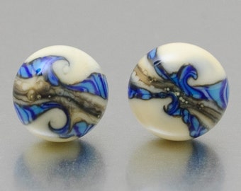 Stud earrings - Ocean Dreams in ivory, blue and black. Lampwork glass and sterling silver, by Jennie Yip.