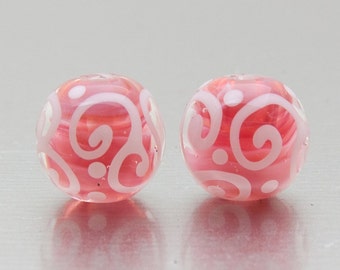 Lampwork glass beads, earring pair. Helix in pearl pink and white, by Jennie Yip