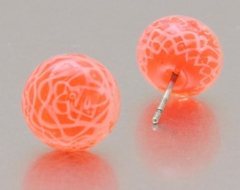 Stud earrings - Lace - orange and white - lampwork glass - by Jennie Yip