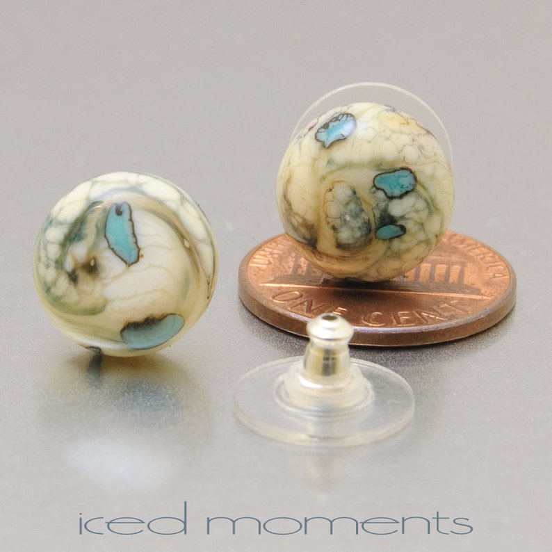 Silvered Pebbles in ivory and copper green Lampwork glass and sterling silver by Jennie Yip Stud earrings