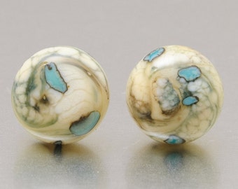 Stud earrings - Silvered Pebbles in ivory and copper green. Lampwork glass and sterling silver, by Jennie Yip