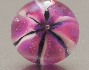 Glass lapel pin: Floating Flower in pink and black. Lampwork glass by Jennie Yip