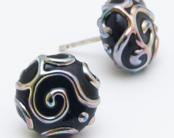 Stud earrings - Line Art in black and silver. Lampwork glass by Jennie Yip