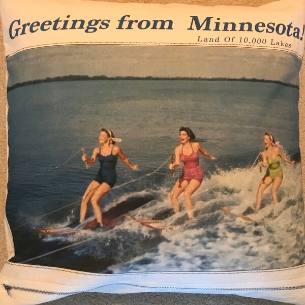 Vintage waterski babes postcard pillow