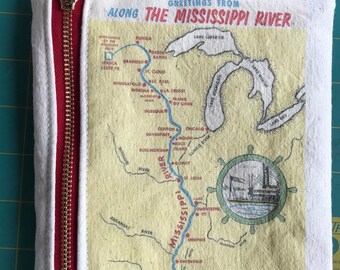 Vintage Mississippi River map postcard zipper pouch