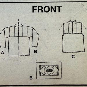 May include: A sewing pattern illustration labeled FRONT showing three garment variations. A and B depict a long-sleeved top with a high collar and zipper, while C shows a sleeveless vest with a high collar and zipper. A small inset B shows a rectangular patch.