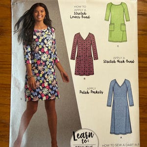 May include: Simplicity sewing pattern 8548 features dress designs. The pattern includes instructions for applying a stretch lower band, patch pockets, and a stretch neck band. The pattern is designed and printed in the USA, with sizes U.S. 10-22.