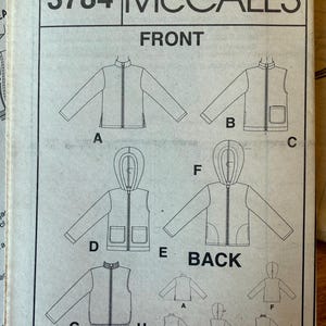 May include: A McCall's 3784 sewing pattern instruction sheet featuring black and white line drawings of various jacket and vest styles labeled A through H. The document displays front and back views of garments with zippers, hoods, and pockets.