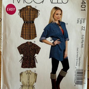 May include: McCall's M6401 sewing pattern envelope for a shirt with a collar, button front, and side ties. The envelope displays four variations of the shirt in different fabrics and colors, including plaid, patterned, and solid blue, with size ZZ.