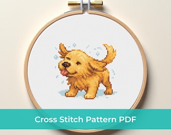 Korsstygnsmönster för Golden Retriever, PDF direktnedladdning, Gyllene skakande valp, Rolig valp korsstygnsdesign, DMC korsstygnsmönster