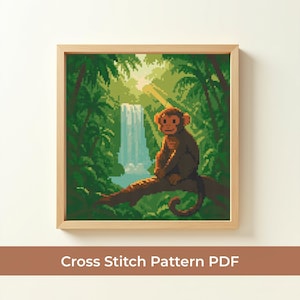 May include: A framed cross-stitch pattern depicting a monkey on a branch in a verdant jungle setting. A waterfall is in the background. The text "Cross Stitch Pattern PDF" is at the bottom.