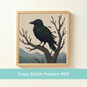 Raven Cross Stitch Pattern PDF, Gothic Bird Embroidery Design, Dark Forest Crow Stitch Pattern, Mysterious Nature Wall Art, DMC Pattern