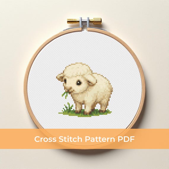 子羊のクロスステッチパターン - かわいい羊のPDF、農場の動物の刺繍
