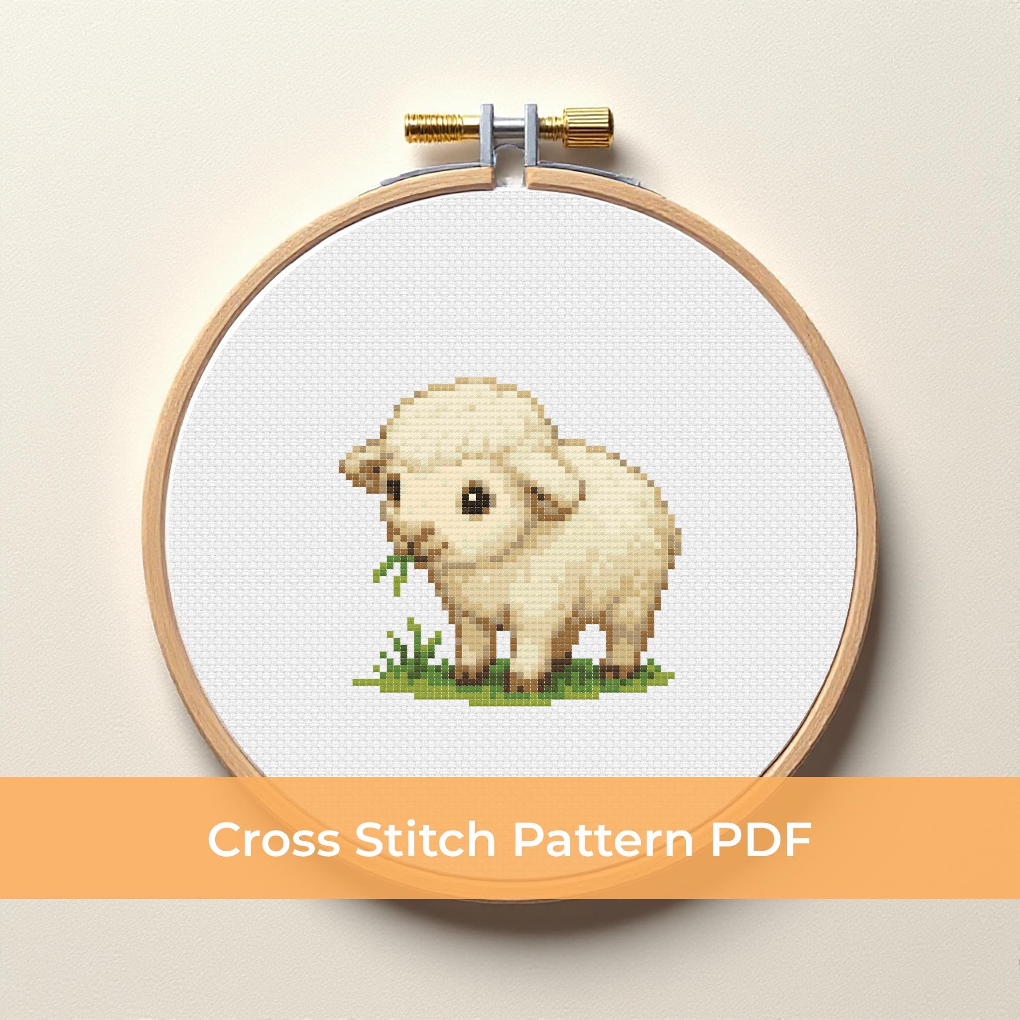 子羊のクロスステッチパターン - かわいい羊のPDF、農場の動物の刺繍