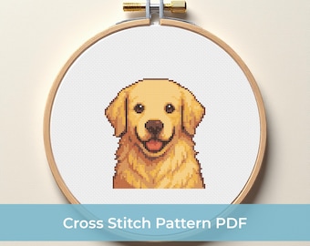 Korsstygnsmönster för golden retriever - PDF direktnedladdning, korsstygnsdesign för hund, DMC korsstygnsmönster