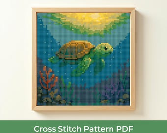 Sea Turtle Cross Stitch Pattern PDF, Ocean Embroidery Design, Sea Turtle Underwater DMC Cross Stitch Chart, Instant Download