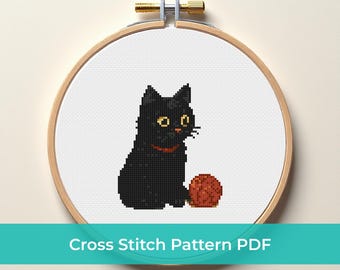 Black Cat Cross Stitch Pattern - Cute Kitten with Yarn Ball, Cat Embroidery Design, Black Cat Nursery Decor, PDF Instant Download