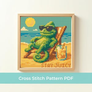 Chameleon Cross Stitch Pattern PDF, Beach Chameleon Embroidery Design, Relaxed Chameleon Cross Stitch, Funny Animal Cross Stitch Pattern