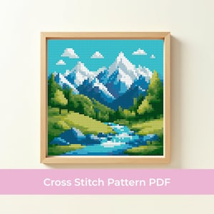 Mountain River Cross Stitch Pattern - Peaceful Alpine Landscape Pattern - Nature Scene with Snow Peaks and Forest - DMC Colors PDF Download