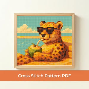 May include: A framed cross-stitch pattern depicts a cheetah wearing sunglasses, relaxing on a beach, and drinking from a coconut. The background shows a blue ocean and sky with clouds. The text "Cross Stitch Pattern PDF" is at the bottom.